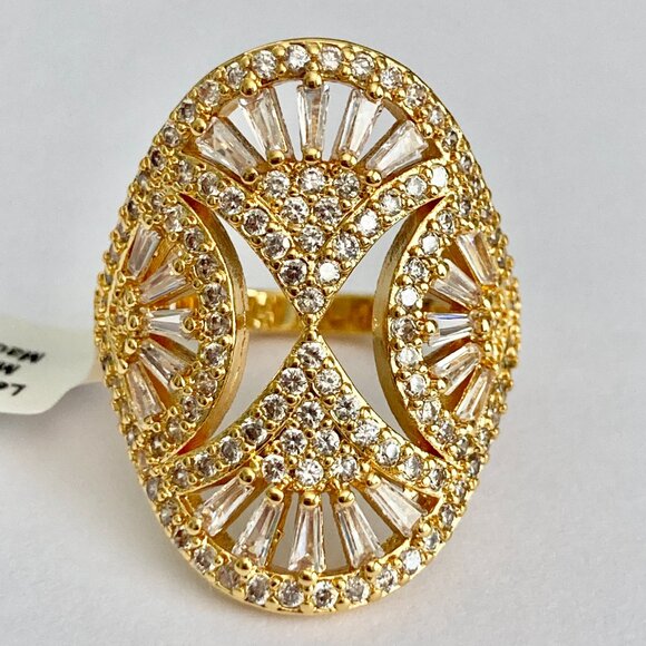 Art Deco Cubic Zirconia Cocktail Ring Yellow Gold Plated Size 7 8 9 Statement - Picture 7 of 15